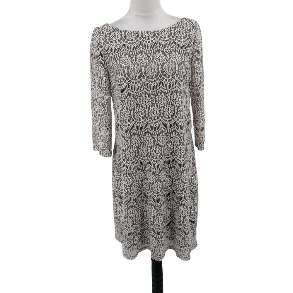 Jessica H Sheath Dress Women 12 Silver Gray Lace Sequin Cocktail Wedding Guest